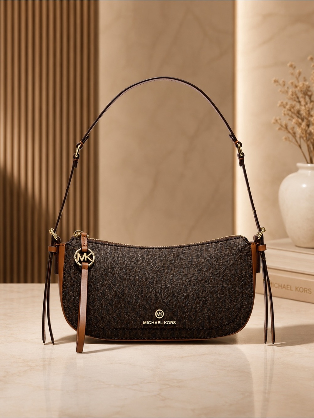 Michael Kors Brown MK Signature Shoulder Hobo with Tan Leather Trim